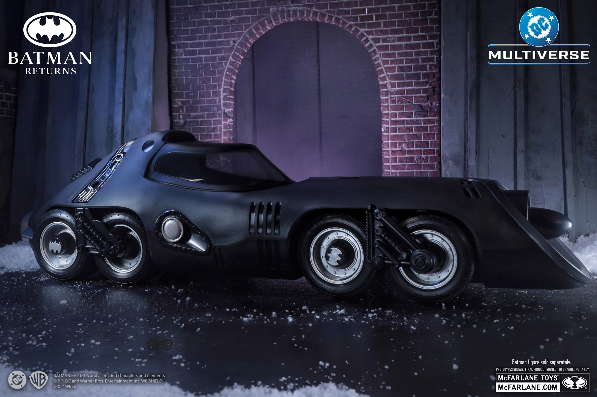 Batmissile Batman Returns DC Multiverse Vehicle — Promotional Side View with Batman Returns and DC Multiverse branding overlay