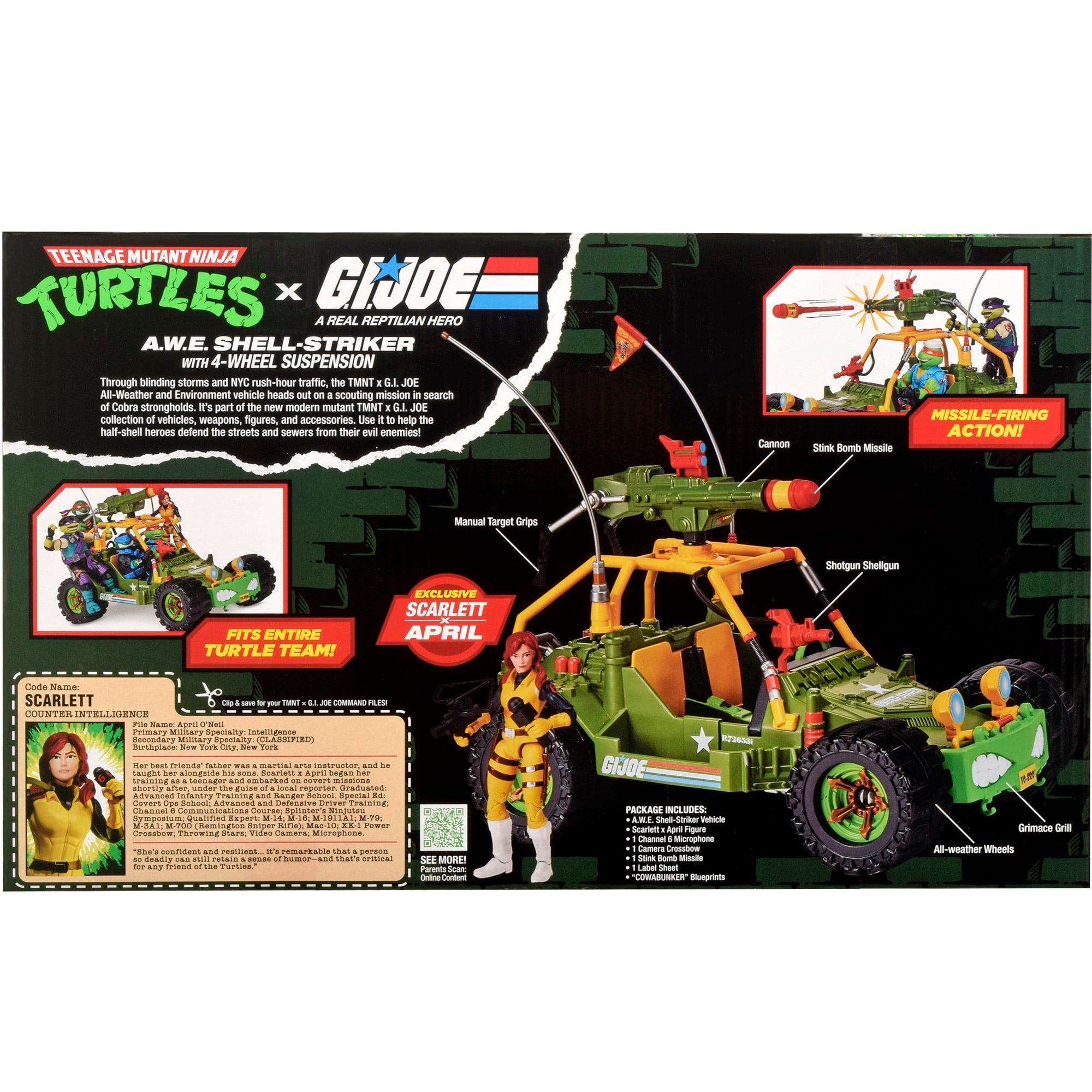 TMNT x G.I. Joe A.W.E. Shell-Striker — Package Box Back with Contents List and Scarlett x April File Card