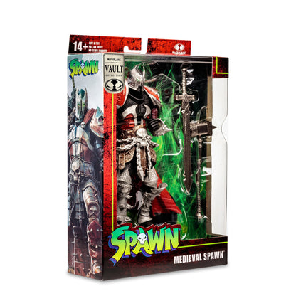 Medieval Spawn McFarlane Vault Collection 7-Inch Action Figure — Package Detail Showing Angled Box with Side Art and Bubble Window