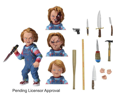Chucky Child's Play Ultimate 4-Inch Figure — All Four Head Sculpts and Full Accessory Lineup Flat Lay