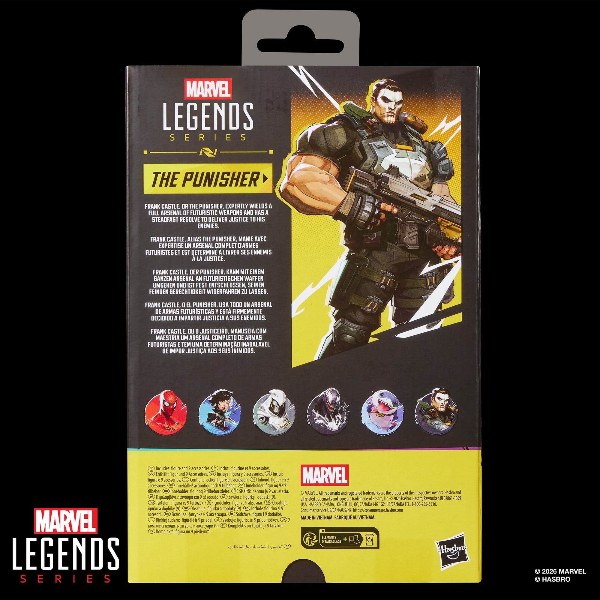 Punisher Marvel Legends 6-Inch Figure — Package Back with Character Bio and Wave Lineup