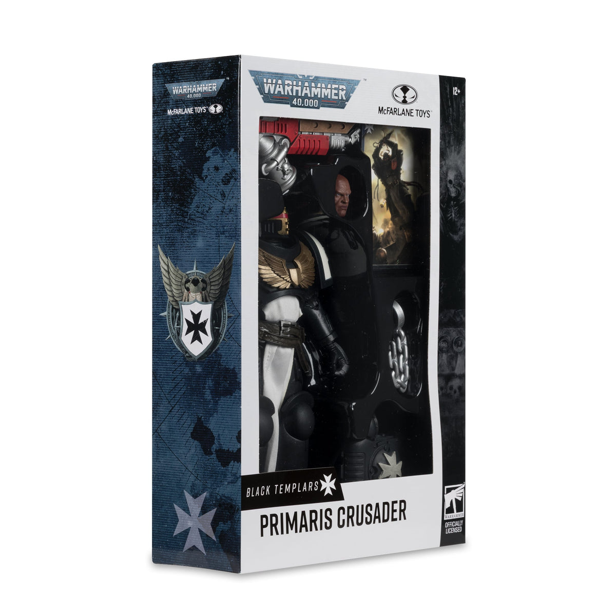 Primaris Crusader Warhammer 40,000 Black Templars 7-Inch Action Figure — Side View Showing Black Templars Emblem on Box