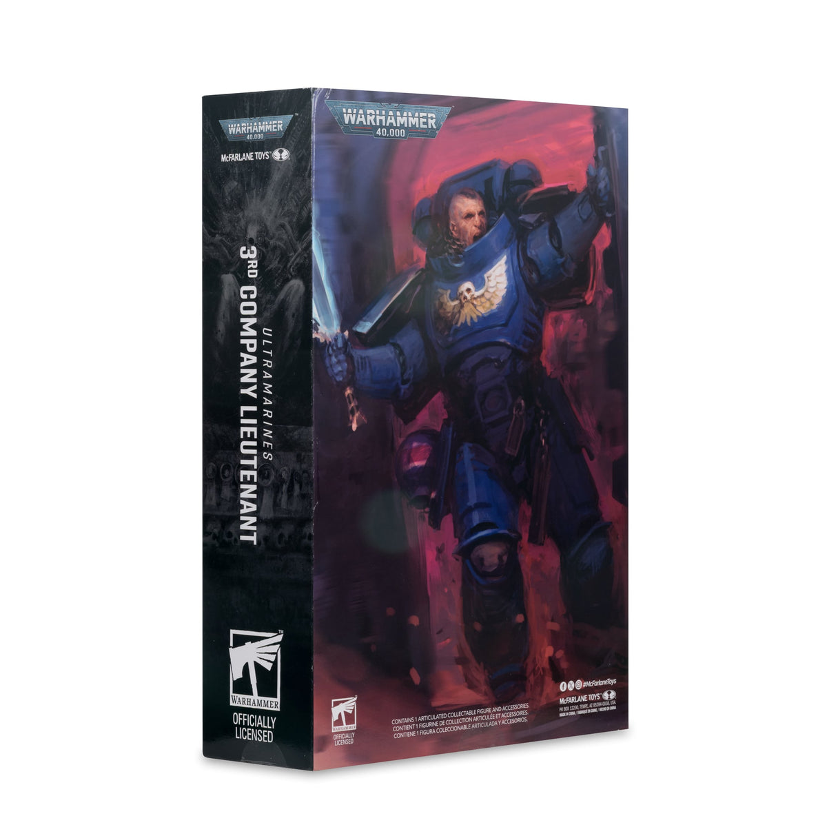 Ultramarines 3rd Company Lieutenant Warhammer 40K 7-Inch Figure — Box Back View with Character Illustration Art