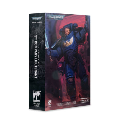 Ultramarines 3rd Company Lieutenant Warhammer 40K 7-Inch Figure — Box Back View with Character Illustration Art
