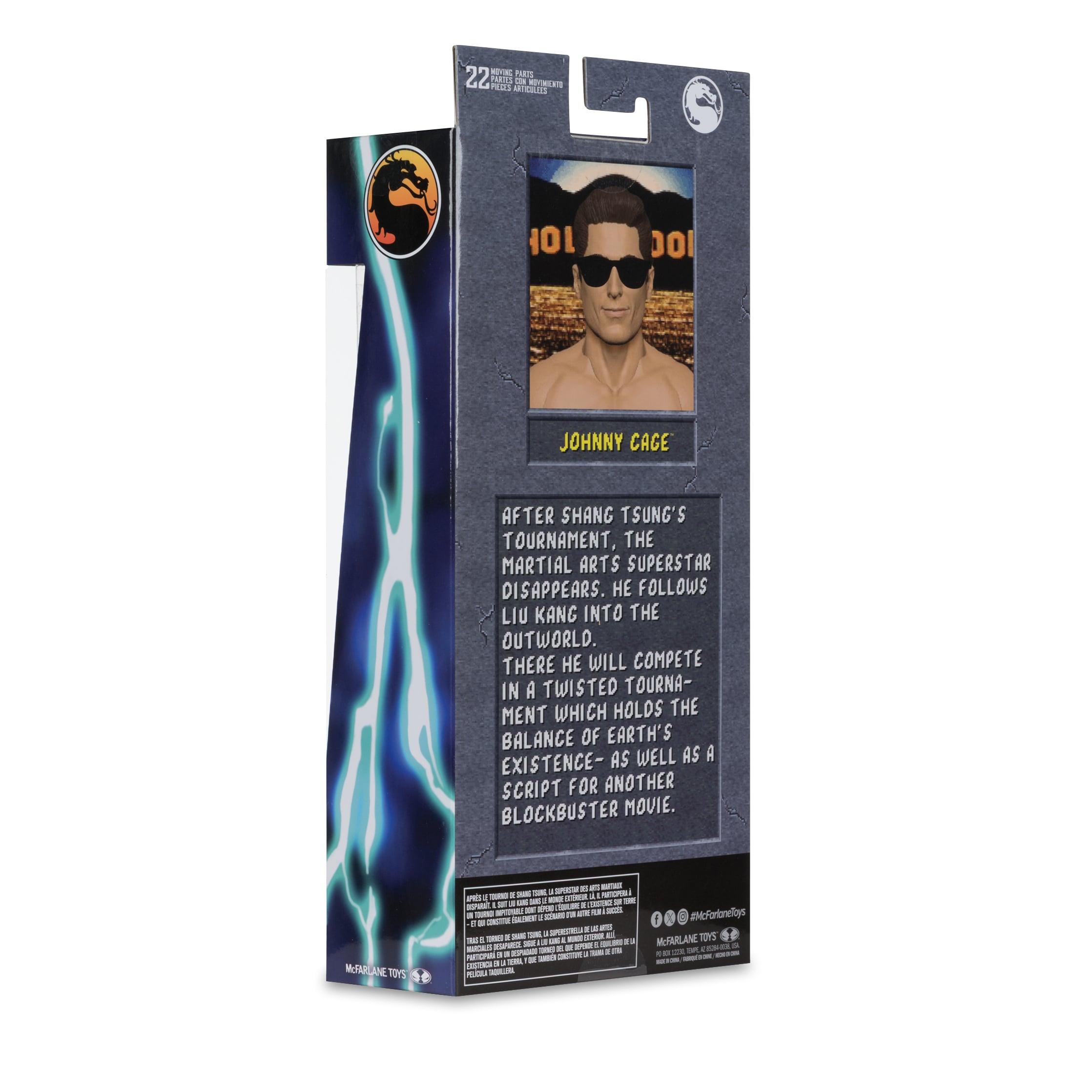 Johnny Cage Mortal Kombat Klassic 7-Inch Figure — Box Back Detail Showing Character Bio and 22 Moving Parts Callout