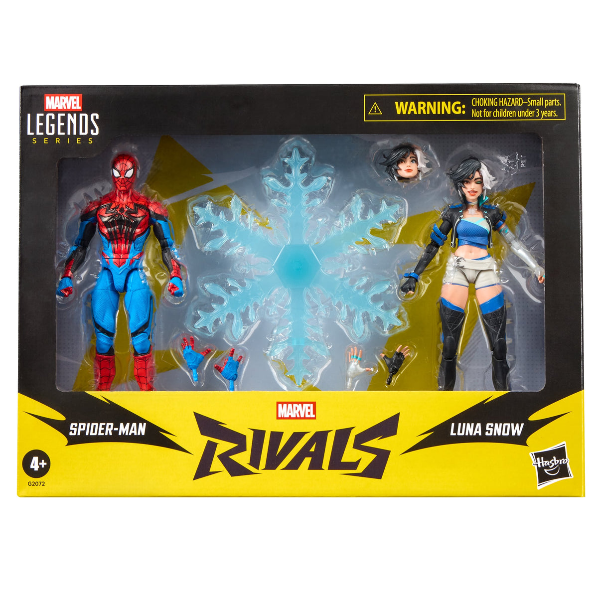 Spider-Man & Luna Snow Marvel Rivals Marvel Legends 6-Inch — Bubble Detail Showing Both Figures and Snowflake Accessory in Tray