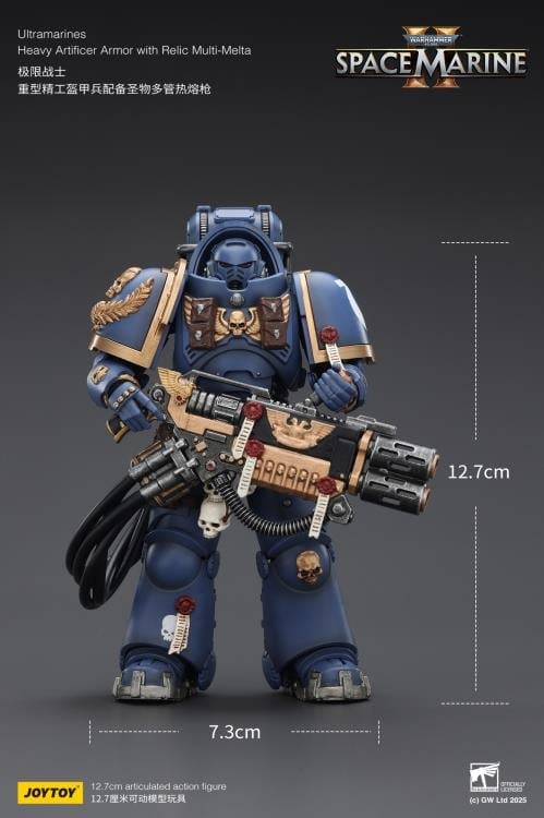 Ultramarines Heavy Artificer Armor Space Marine 2 JoyToy 1/18 — Three-Figure Lineup Back View with Wave Companions