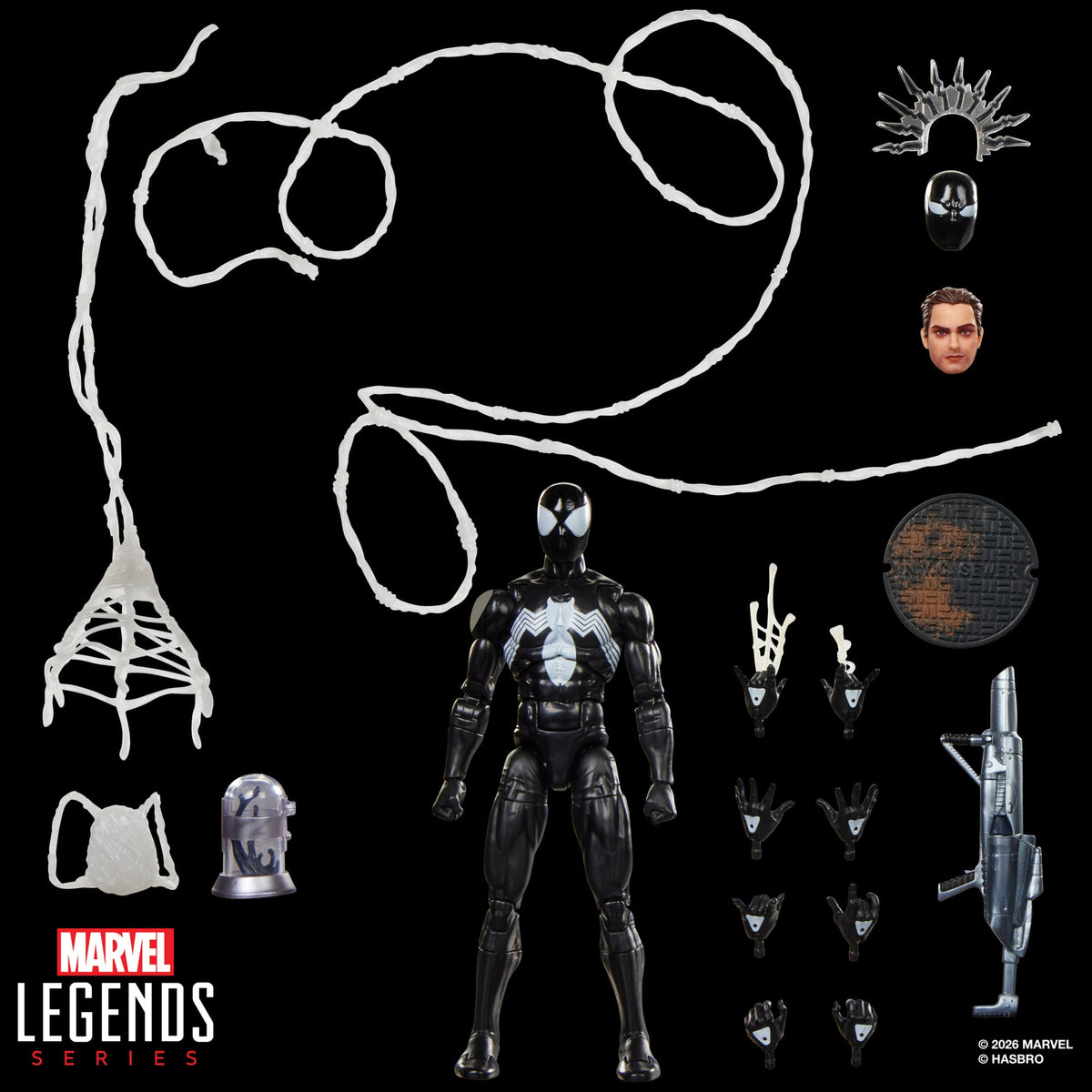Symbiote Spider-Man Marvel Legends Maximum 6-Inch — Full Accessories Included Display on Black Background