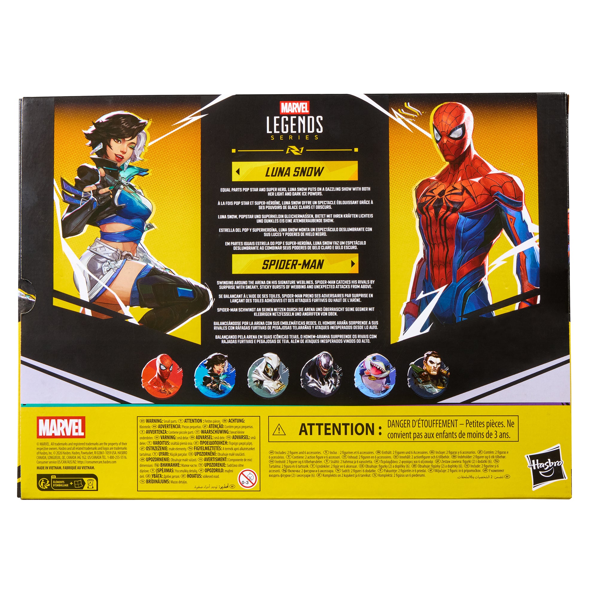 Spider-Man & Luna Snow Marvel Rivals Marvel Legends 6-Inch — Back View with Character Bios and Multilingual Text