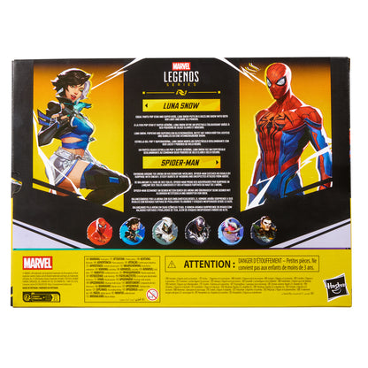 Spider-Man & Luna Snow Marvel Rivals Marvel Legends 6-Inch — Back View with Character Bios and Multilingual Text