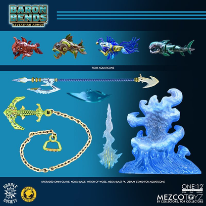 Baron Bends (Leviathan Armor) Rumble Society One:12 Collective 6-Inch — Accessories Included Showing Four Aquaticons, Omni Glaive, Nova Blade, Weigh of Woes, Mega-Blast FX, and Display Stand