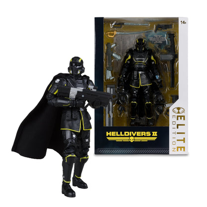 B-01 Tactical Helldiver Helldivers 2 McFarlane Elite Edition 7 Inch — Out of Box Figure Posed Alongside Elite Edition Packaging