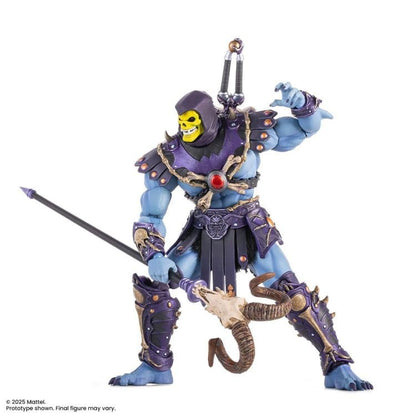 Skeletor MOTU 200X Mondo 1/12 Scale Figure — Wide Stance Articulation Pose with Havoc Staff on White Background