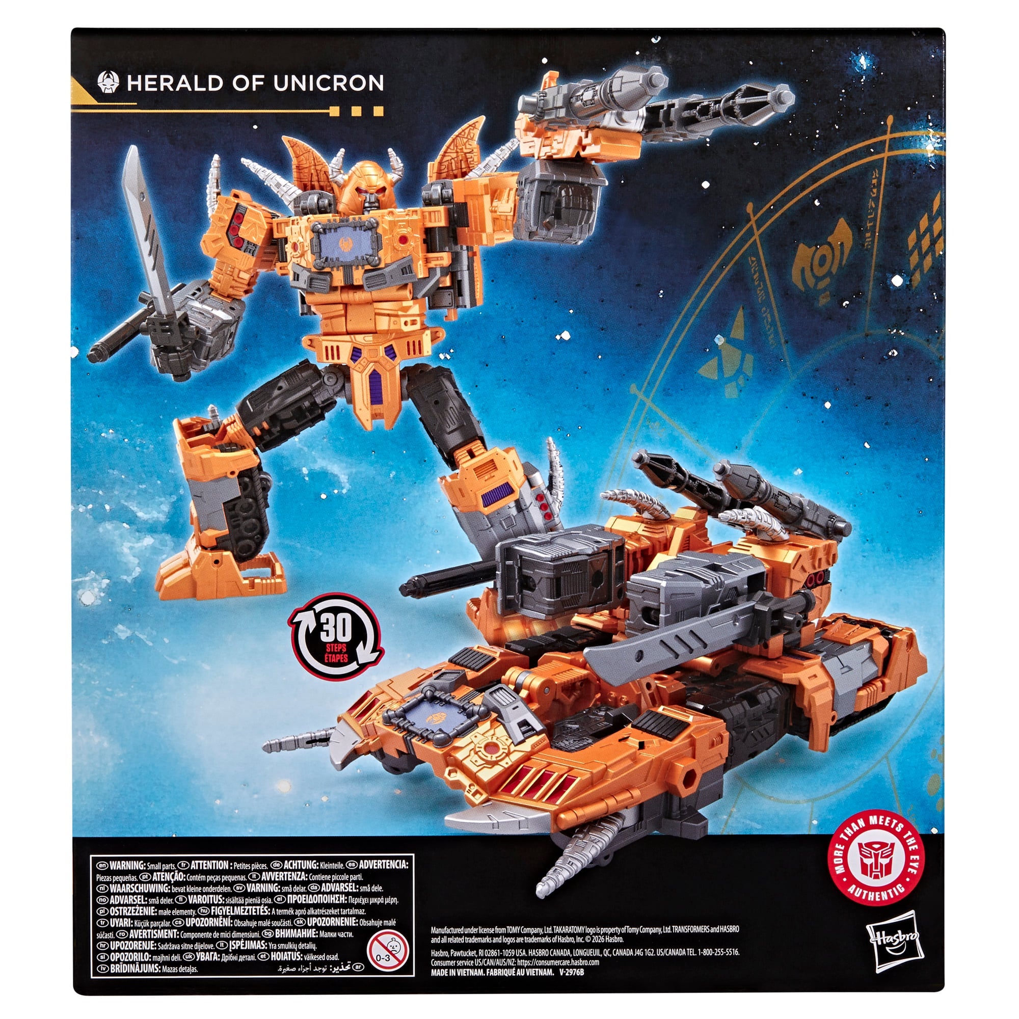Herald of Unicron Age of the Primes Leader Class Figure — Box Back Showing Both Modes and 30-Step Conversion