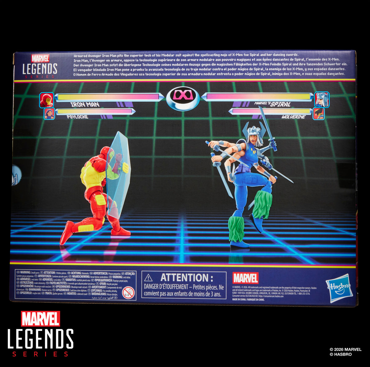 Iron Man & Marvel's Spiral Marvel Legends Gamerverse 6-Inch Two-Pack — Back View with Fighting Game Pose Scene and Multilingual Text