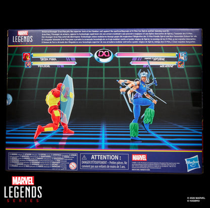 Iron Man & Marvel's Spiral Marvel Legends Gamerverse 6-Inch Two-Pack — Back View with Fighting Game Pose Scene and Multilingual Text