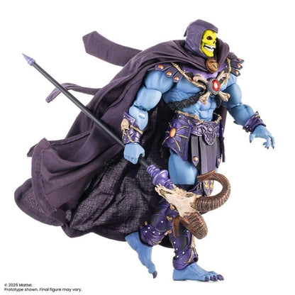 Skeletor MOTU 200X Mondo 1/12 Scale Figure — Arms-Wide Articulation Pose with Both Weapons on White Background