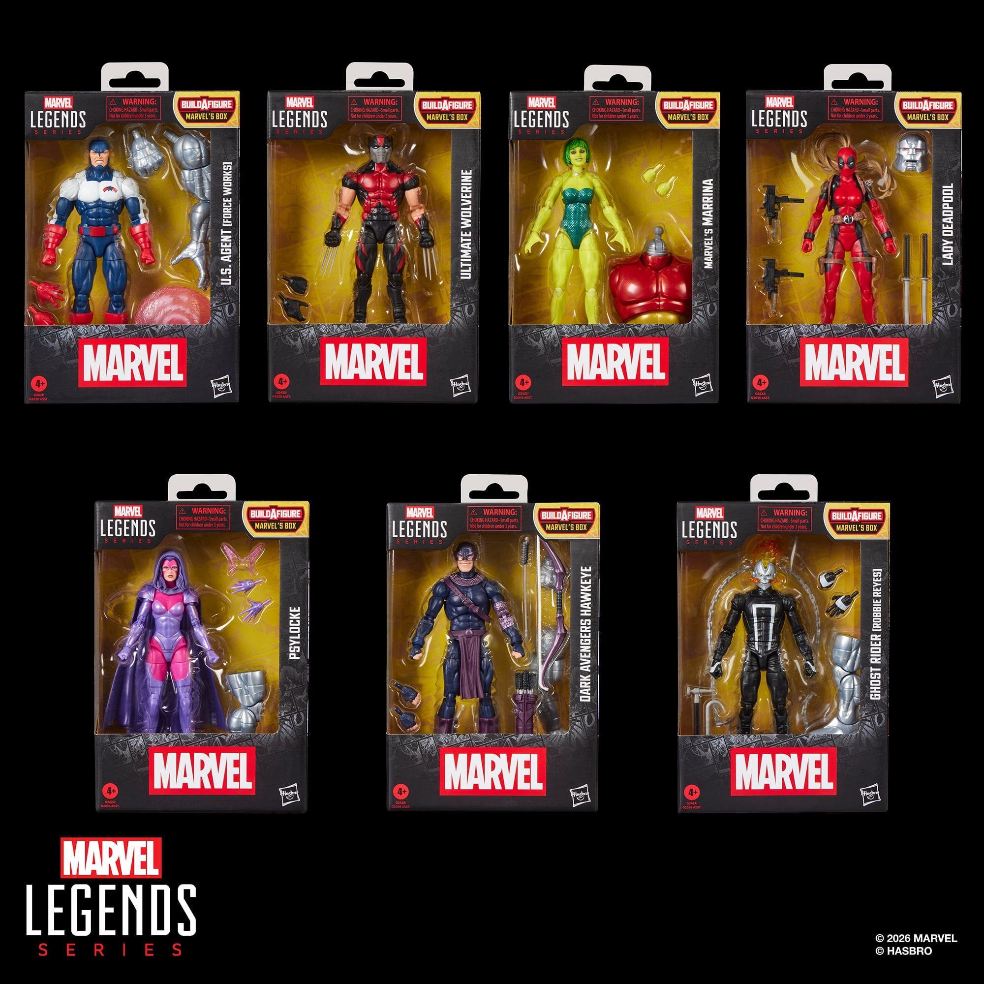 Psylocke X-Men Marvel Legends 6-Inch — Full Wave Contents Display Showing All Seven Packaged Figures