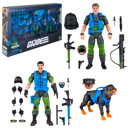 Footloose, Mutt & Junkyard G.I. Joe Classified Series #220 6-Inch Three-Pack — Contents Display with All Three Figures and Accessories Spread Out