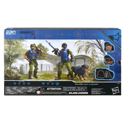 Footloose, Mutt & Junkyard G.I. Joe Classified Series #220 6-Inch Three-Pack — Back View with Figure Photography, Character Callouts, and Accessory Icons