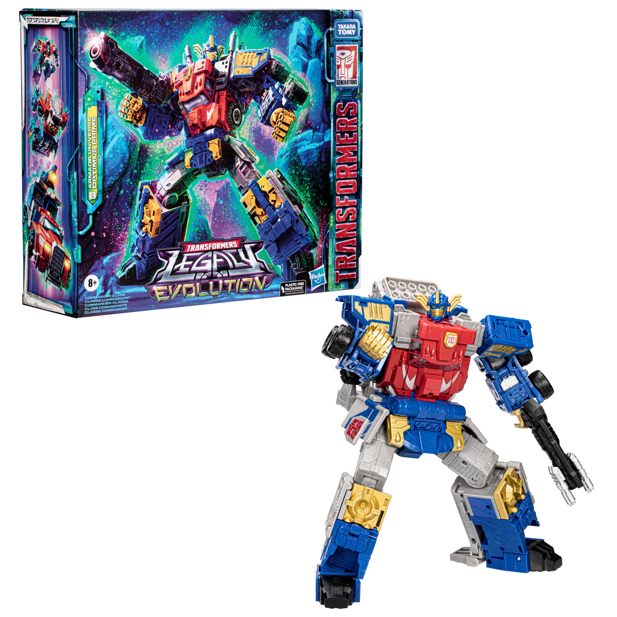 Armada Universe Optimus Prime Transformers Legacy Evolution Commander — Out of Box Figure Posed Beside Package