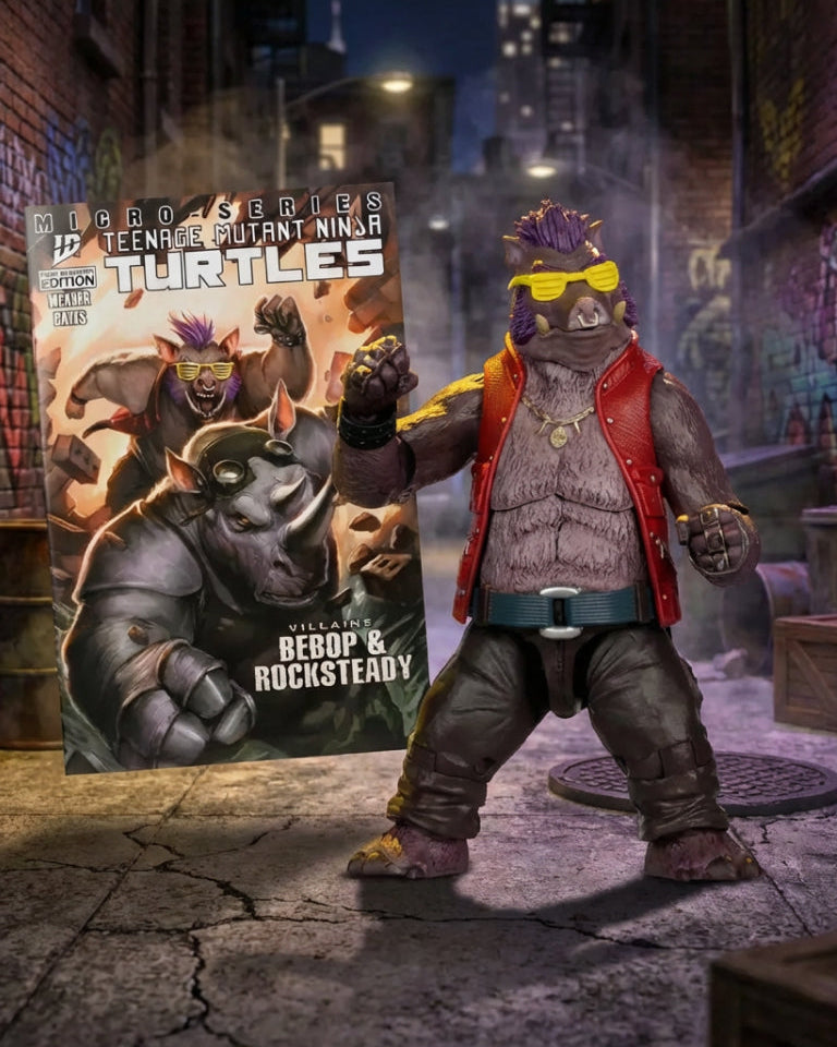 Action figure of Bebop from Teenage Mutant Ninja Turtles with a cityscape background