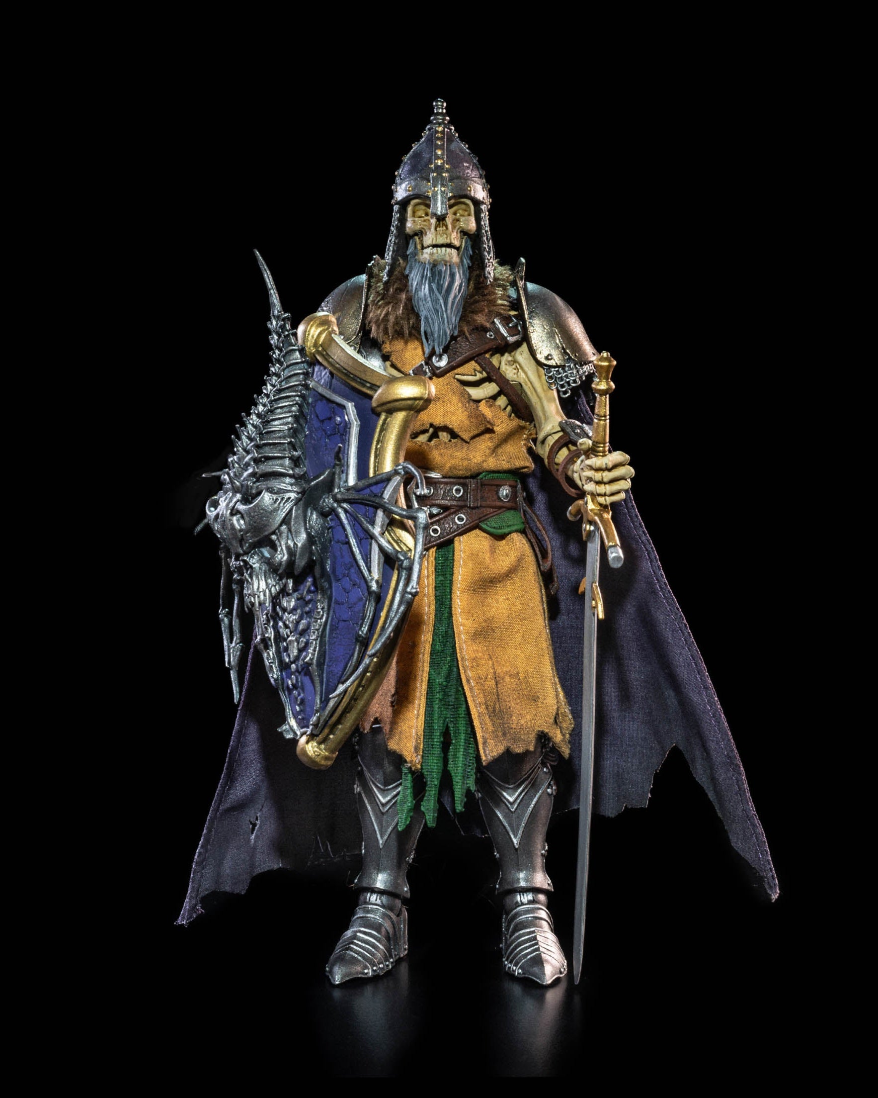 A 6-inch action figure of Thorasis the First Risen from the Mythic Legions series, featuring a detailed, articulated design with multiple accessories including a cape, shield, sword, and banner.
